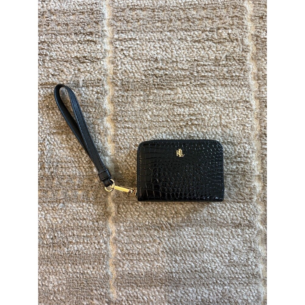 Lauren Ralph Lauren Black Croc Embossed Genuine Leather Zip Wristlet Wallet